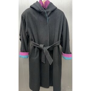 Vtg Central Park Wool Coat L Black Aqua Purple Zip Belt Hood Classic USA Jacket